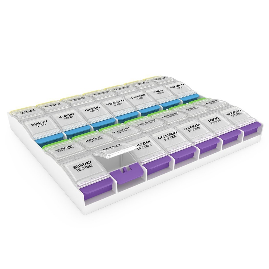 EZY DOSE Weekly (7-Day) Pill Organizer, Vitamin Container y Daily Medicine Planner, 2X-Large Push Button Compartments, Artritis Friendly, Easy to Use, 4 Times a Day, Clear Lids, BPA Free