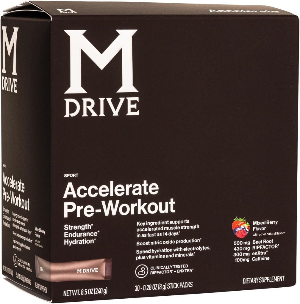 Mdrive Acelerar Polvo de Pre-Workout, Packets de Servicio Único, Berry mixto, 30 Cuenta (Estimulante, Berry mixto)
