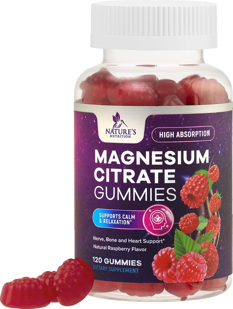 Magnesio Citrate Gummies Suplemento - Alta Absorción, Magnesio Vegan Gummy Suplemento para Adultos &amp; Niños, Magnesio Citrate Gummy Suplementos para Muscle, Nerve, Bone y Heart Support - 120 Gummies