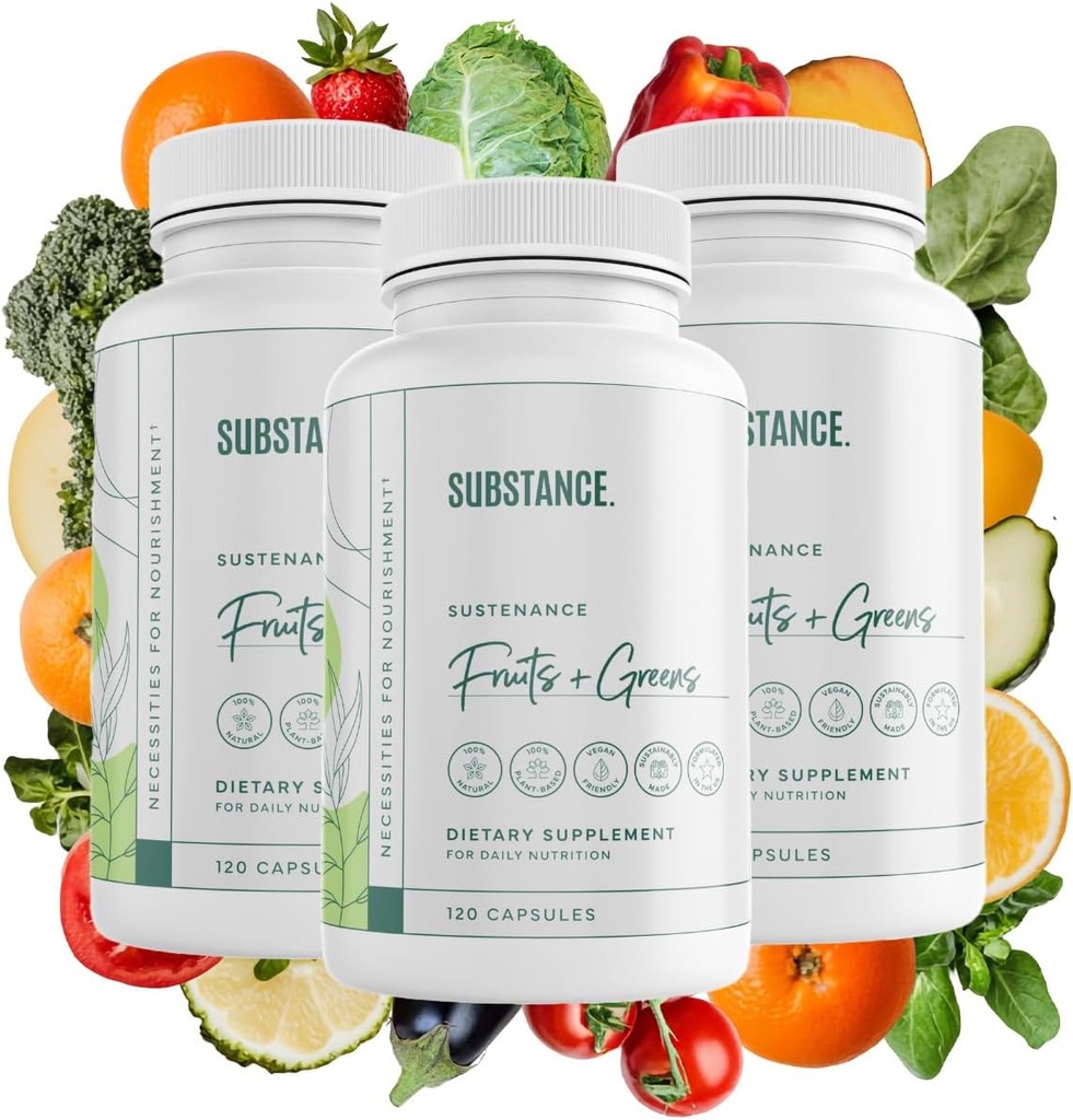 SUSTANCIA. Sustenancia de 3 pck Nature Daily Greens, Daily Fruit and Veggies Supplement - Enhance Energy, Mental Clarity - Fruits and Vegetables Supplements - US Made, Vegan-Friendly - 90 Servings.