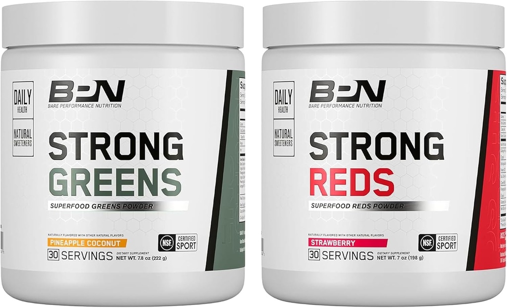 BARE PERFORMANCE NUTRITION BPN Verdes fuertes (Pineapple Coconut) & Rojos (Strawberry) Superfood Bundle