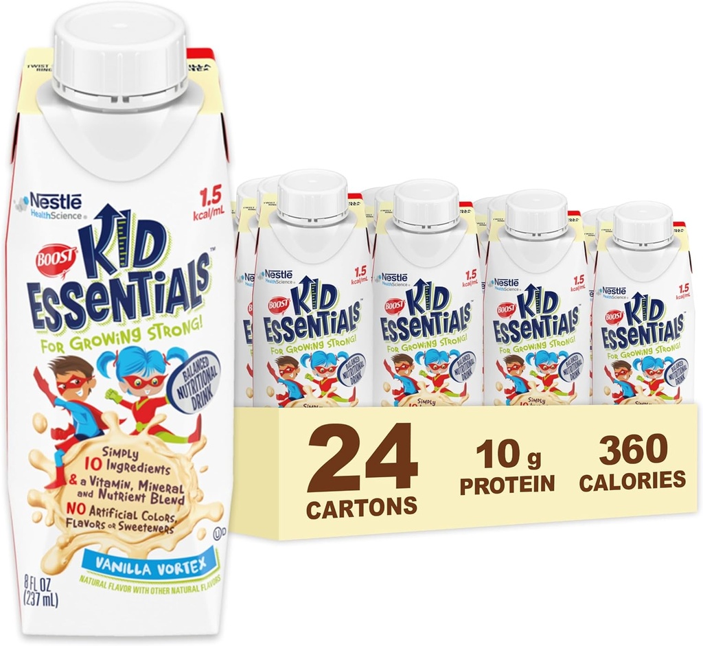BOOST KID ESSENTIALS 1.5 Bebida nutricional equilibrada para niños, Vainilla Vortex, 24 Cuenta