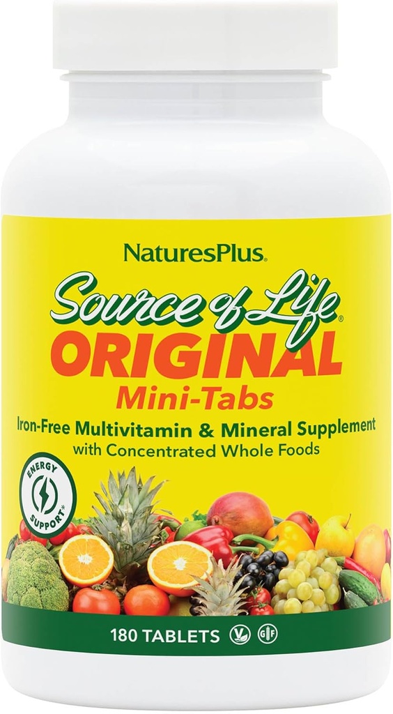 Natures Plus Fuente de Vida Mini-Tabs No Hierro - 180 Mini Tabletas Vegetarianas - Fácil Swallow Natural Whole Food Multivitamin &amp; Mineral Supplement for Health & Energy - 30 Servings