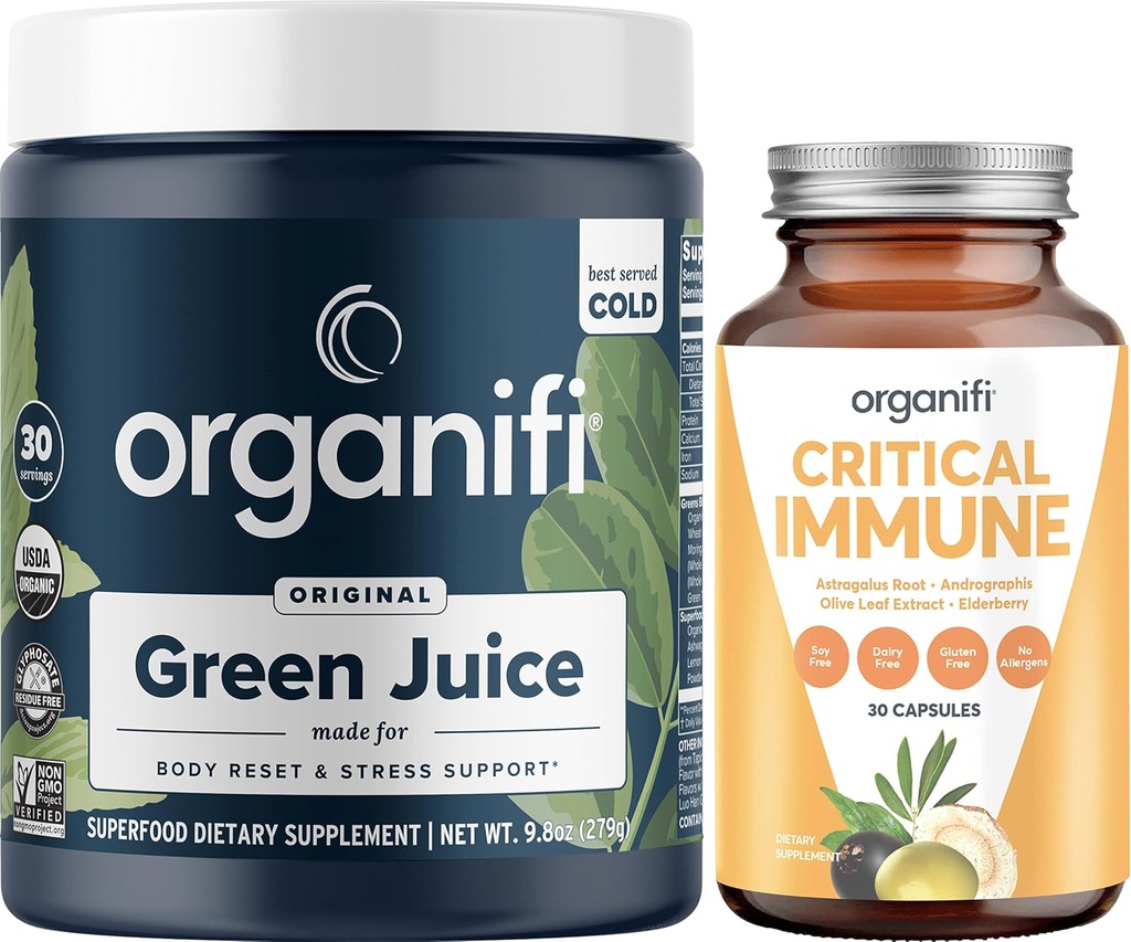 Organifi Green Juice Superfood Powder (30 Servings) y Critical Immune (30 Capsules) - Vitamina C, Control de Peso, Limpieza Detox, Alivio de Estrés e Inmunity Support - Gluten Free, Vegan, Whole Food