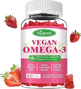 Omega-3 Gummies Potent Algae Omega Fuente, Boost Brain, Eye &amp; Immune Función, con DHA y EPA Vegan & Sugar Gratis, Orange Flavor, 60 Conde