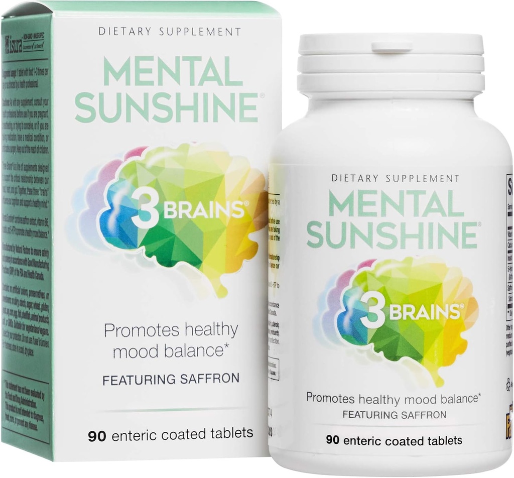 3 Cerebros por Factores Naturales, Sol Mental, Promueve Equilibrio Mood saludable, Suplemento dietético diario, Vegan, 90 Tablas de Coado Enterico (90 Servimientos)