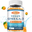 Omega-3 Gummies Potent Algae Omega Fuente, Boost Brain, Eye &amp; Immune Función, con DHA y EPA Vegan & Sugar Gratis, Orange Flavor, 60 Conde
