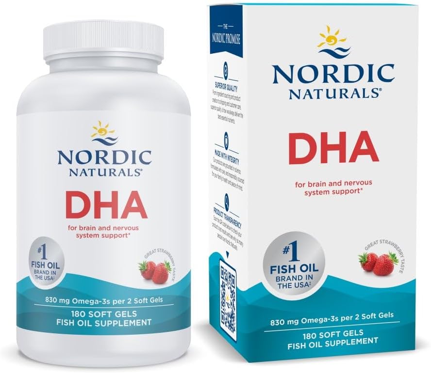 Naturales nórdicos DHA, Fresa - 180 Gels blandos - 830 mg Omega-3 - Alta intensidad DHA Fórmula para el soporte del sistema nervioso y cerebral - No GMO - 90 Servimientos