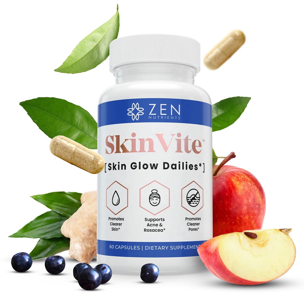 Zen Nutrients SkinVite Natural Skin Supplement for Women, Men &amp; Teens - Hormonal Breakouts & Clear Skin Support Supplement - Detoxifying Vitamin for Acne and Digestion Support