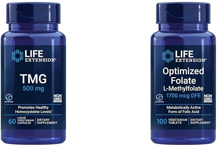 Extensión de vida TMG 500 mg – Suplemento Trimetilglycine – Alienta los niveles saludables de Homocysteine – libre de gluten – no GMO – Vegetariano – 60 cápsulas vegetarianas líquidos " Folato optimizado