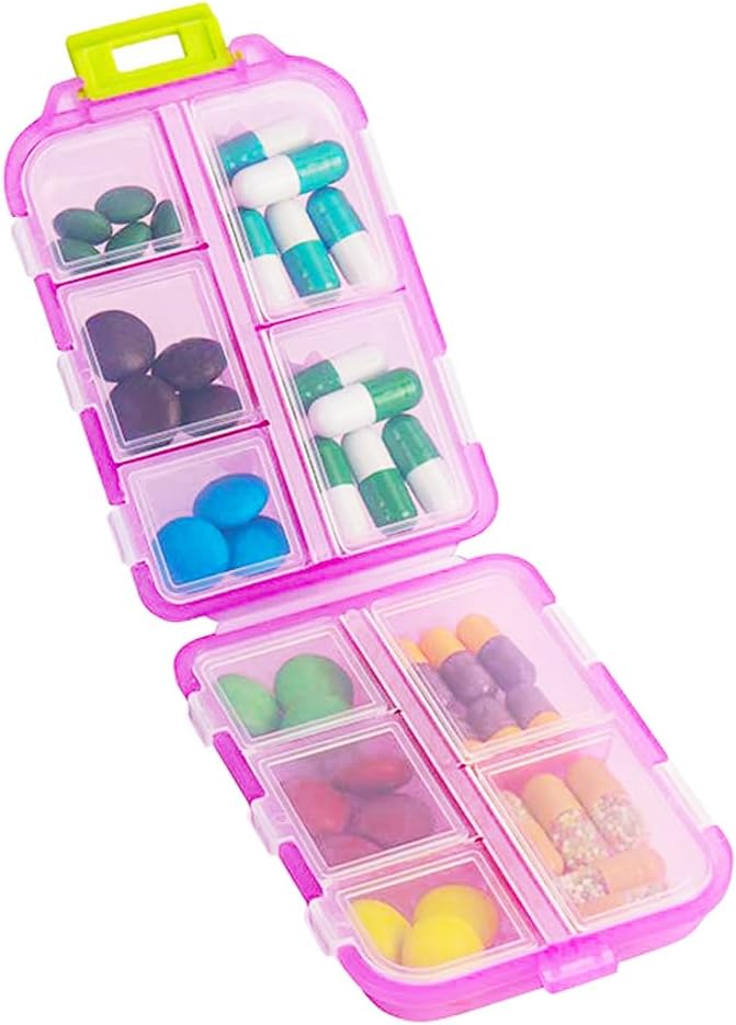 Organizador de píldoras de viaje, Caja de dispensador de medicamentos diarios, pequeño caso semanal de vitamina para suplemento, aceite de pescado, medicamentos, farmacia de bolsillo Cute capsule Container 10 Compartments, Pink