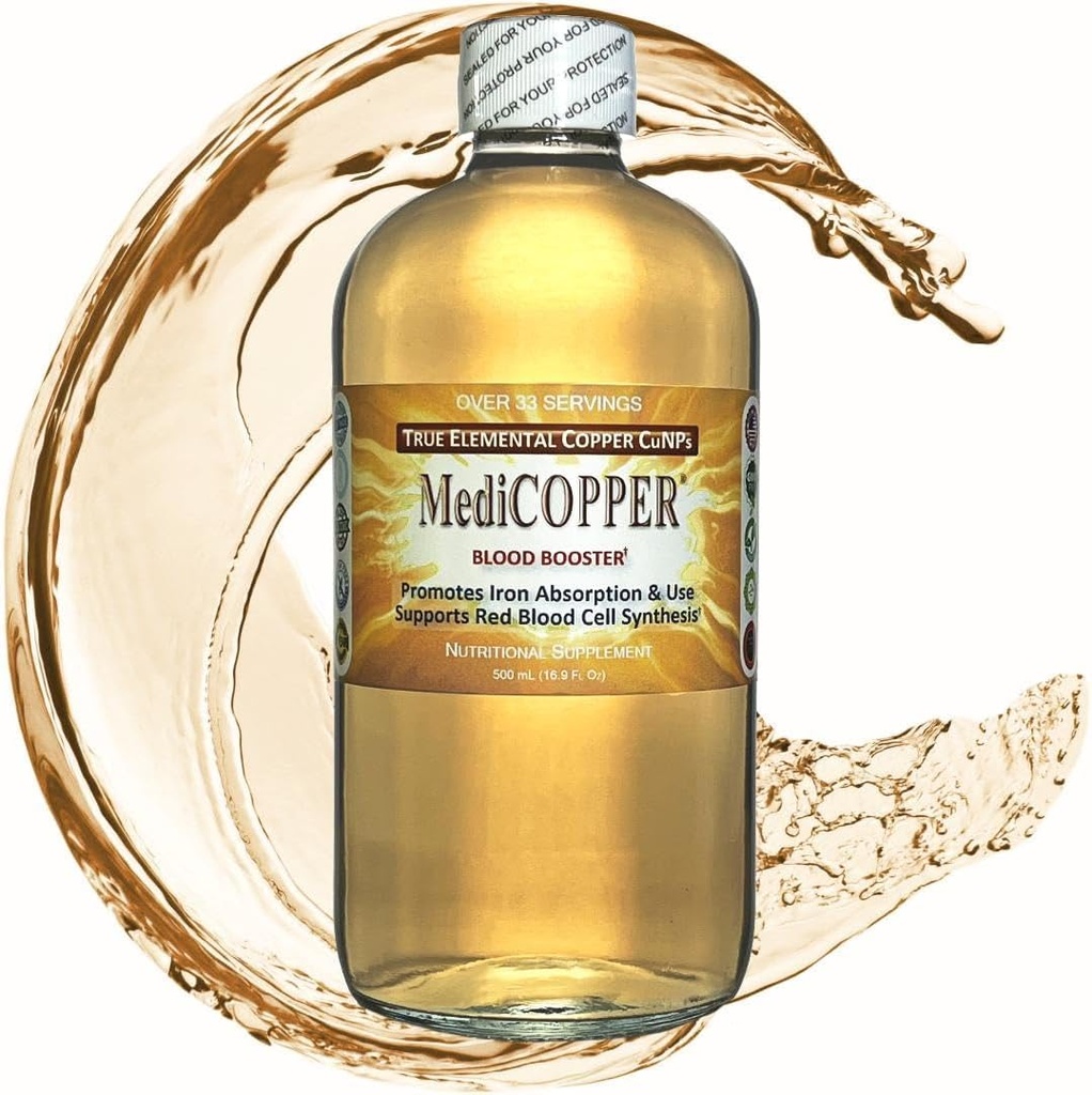 MediCOPPER Blood Booster True Colloidal Copper CuNP Nutrient - 500 mL en botella de vidrio transparente
