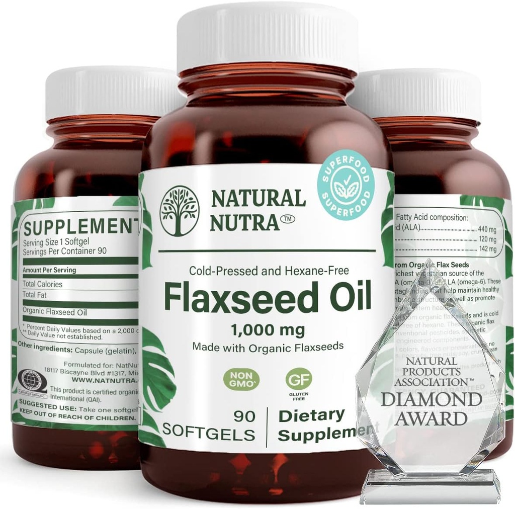 Natural Nutra Organic Flaxseed Oil Softgels, promueve el crecimiento de los cabellos, ayuda en la pérdida de peso, ayuda a Boost Immune System, promueve el crecimiento saludable del Nervous System & Hair, Omega 3 6 9, 1000 mg, 90 Softgels