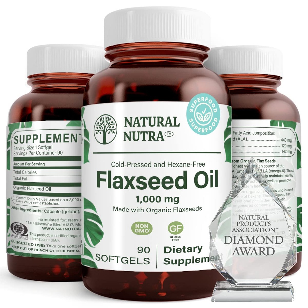 Natural Nutra Organic Flaxseed Oil Softgels, promueve el crecimiento de los cabellos, ayuda en la pérdida de peso, ayuda a Boost Immune System, promueve el crecimiento saludable del Nervous System & Hair, Omega 3 6 9, 1000 mg, 90 Softgels