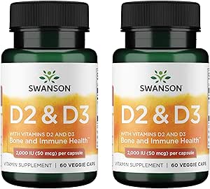 Complejo de vitamina D Swanson con vitaminas D2 &amp; D3 - Complejo completo de vitaminas Sunshine para la salud ósea, dental e inmunitaria - Suplemento de vitaminas (50 mcg, 60 cápsulas vegetales) (2 Pack)