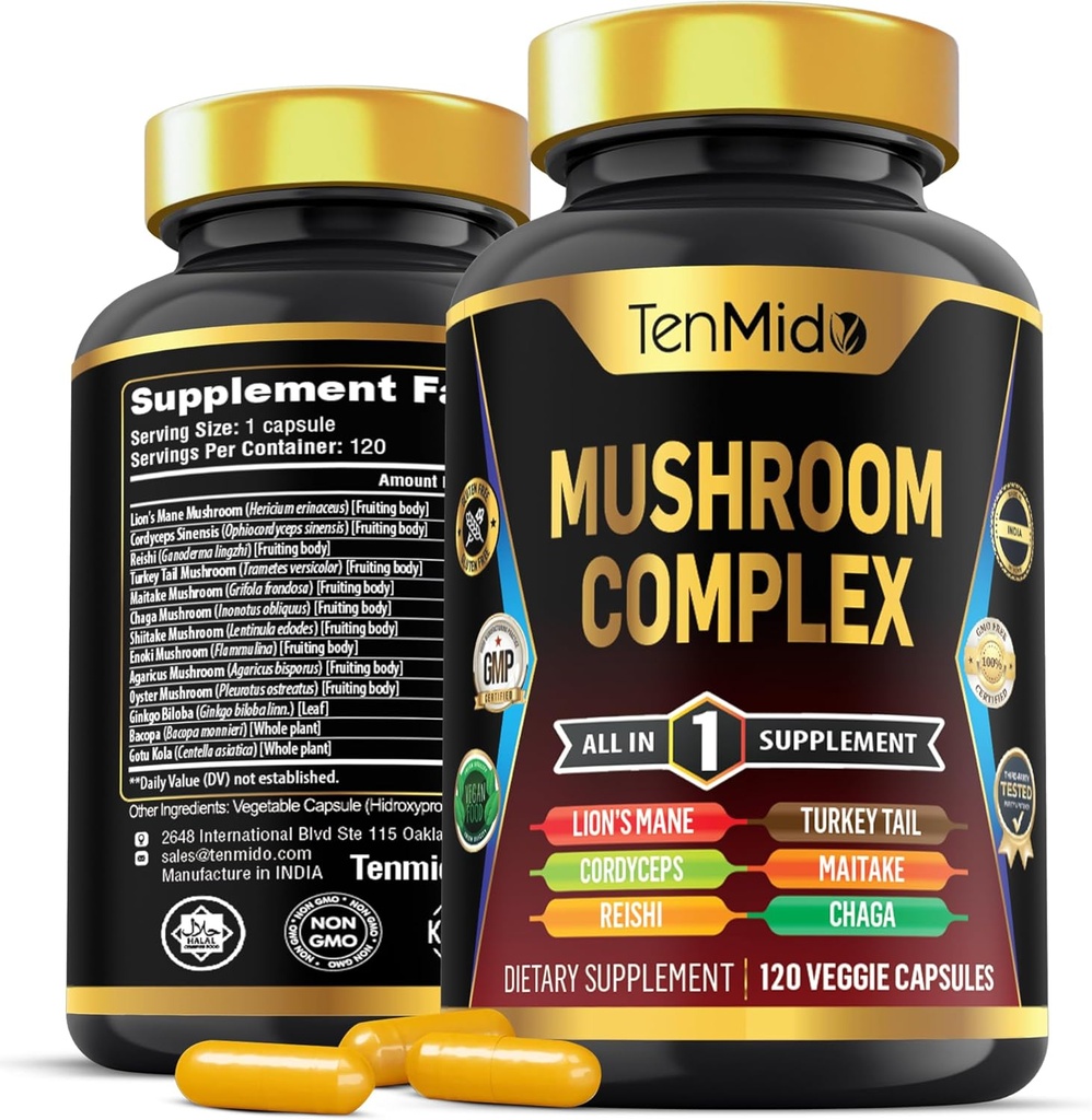 Mushroom Complex Supplement - 13in1 Formula - Blend Lion's Mane Mushroom, Cordyceps Sinensis, Reishi, Turquía Tail, Maitake, Chaga, Shiitake, Enoki, &amp; Más - 120 cápsulas para 4 meses de suministro