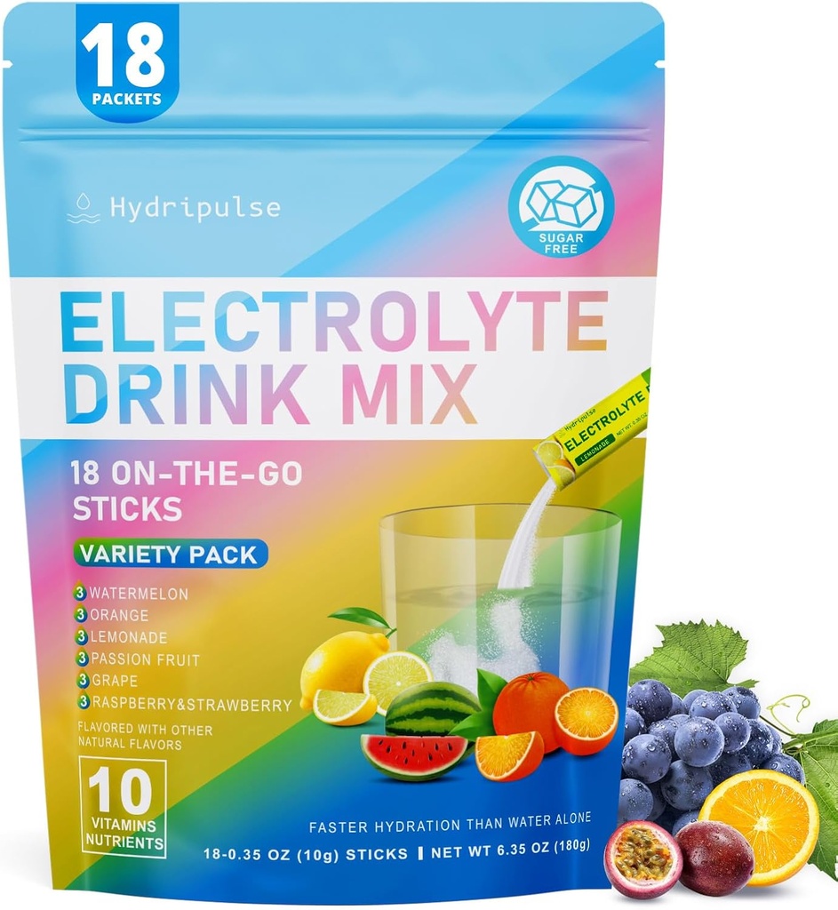 Electrolytes Powder Packets - Sugar Free, Naturalmente Flavored, 10 Electrolyte & Vitaminas Electrolyte Drink Mix - Vaiety Pack 6 Flavors, Keto Friendly, Vegan, Non- GMO, 18 Packets