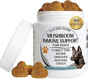 Perros Immune Support Mushroom Supplement - Supports Longevity, Cognition, Joint, Cellular & Gut Health - All Natural Organic, GrainFree - Aid for Lumps and Bumps, Chicken Flavor - 90 Chews