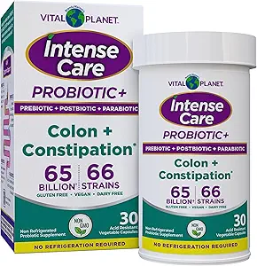 Planeta Vital - Cuidado Intenso Colon &amp; Estreñimiento Probióticos Más Prebióticos Orgánicos, Postbióticos, Parabióticos, Suplemento completo de Salud 4 en-1 para Adultos, 65 Billones CFU, 66 Strains, 30 ct