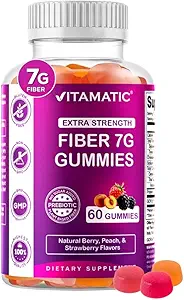 Vitamatic Prebiotic Fiber Gummies for Adults – 7g Fiber per Serving – 60 Pectin-Based Gummies Extra Strength, Zero Sugar Añadido – Apoya Digestive Health & Regularity – Non-GMO, Vegan, Gluten-Free