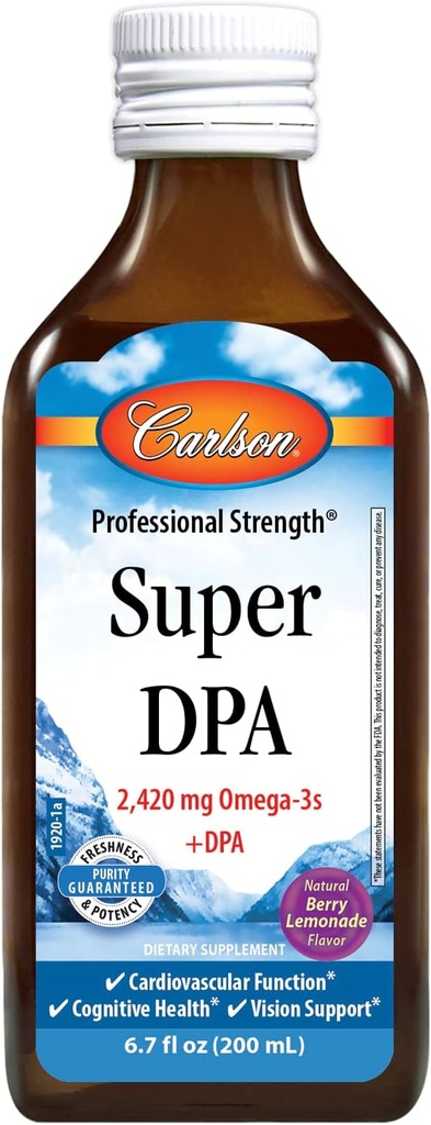 Carlson - Super DPA, 2.420 mg Omega-3, 300 mg DPA, Salud del Corazón, Función Cognitiva, Limonada Berry, 200 mL (6.7 fl oz)