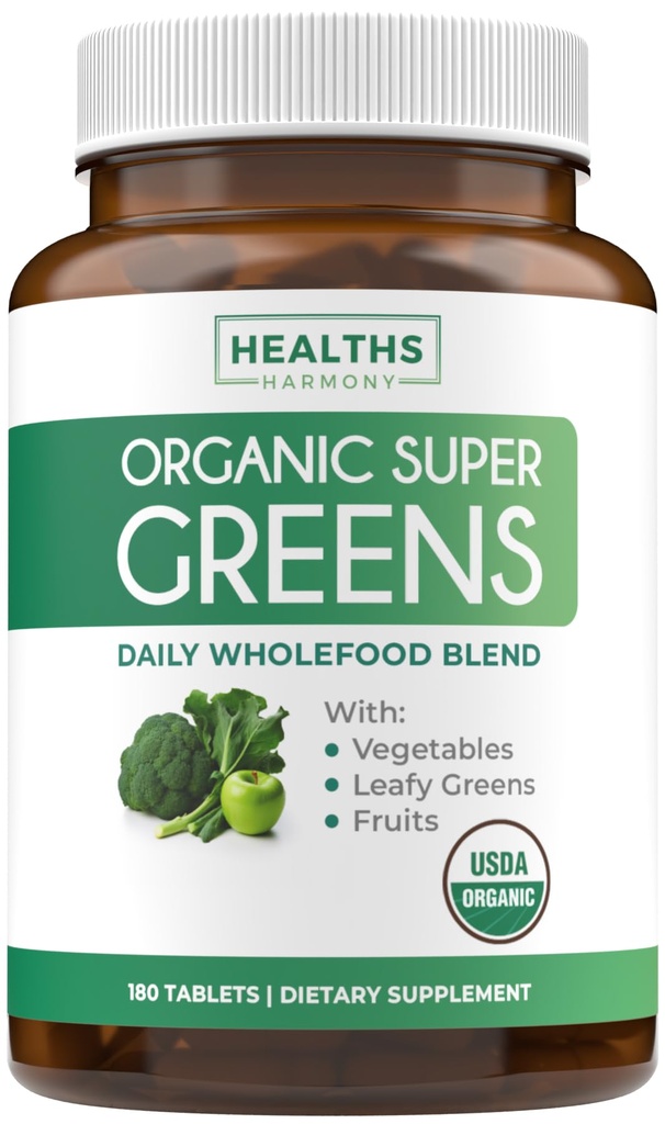 USDA Organic Super Greens Supplement - Organic Greens Fruits and Vegetable Supplement for Adults with 28 Superfood Complex with Superfruits Roots Herbs " More - Vegan " Non-GMO (Up to 3 Month Supply)