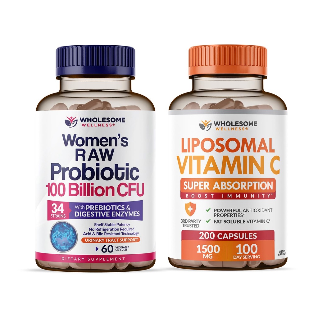 Probióticos de bienestar integral para las mujeres 100 millones de UF con prebióticos, enzimas digestivas + vitaminas lipósmicas C capsulas de alta absorción, suplemento de ácido ascórbico