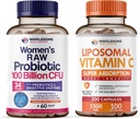 Probióticos de bienestar integral para las mujeres 100 millones de UF con prebióticos, enzimas digestivas + vitaminas lipósmicas C capsulas de alta absorción, suplemento de ácido ascórbico