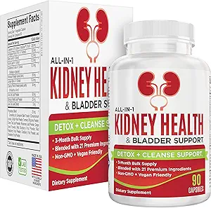 Kidney & Bladder (3-Month) Health Support Supplement | All-in-1 Urinary Tract Supplements with 21 Active Ingredients | Kidney Cleanse Detox Support Nutrients | 90-Day Bulk Supply | 90 Capsules