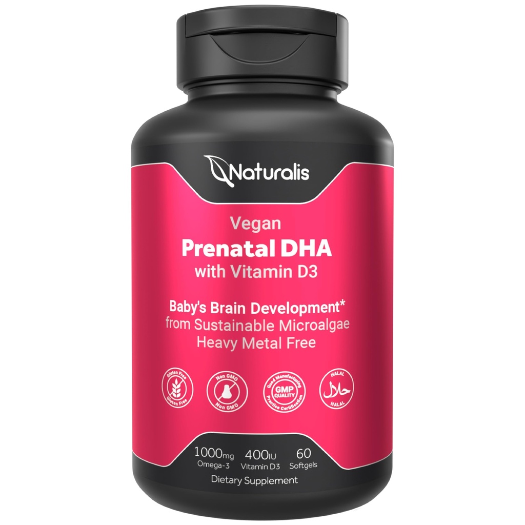Naturalis Vegan Prenatal with Full Specrum Omega-3 Silencio Algae DHA, EPA, DPA, Vitamina D3 " Active Folate L 5-MTHF ANTE Vegan Society Certified, Sustainably Sourced, Non-GMO &amp; Soy Free ← 60 Veggie Softgels