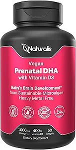 Naturalis Vegan Prenatal with Full Specrum Omega-3 Silencio Algae DHA, EPA, DPA, Vitamina D3 " Active Folate L 5-MTHF ANTE Vegan Society Certified, Sustainably Sourced, Non-GMO &amp; Soy Free ← 60 Veggie Softgels