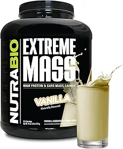 NutraBio Extreme Mass Gainer Protein Powder, 53G Protein, Clean Weight Gainer, Incrementar Masa muscular, Full Spectrum Amino Acid - Vanilla, 6 libras