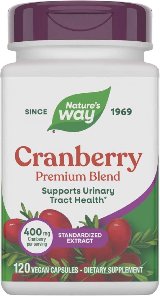 Nature's Way Premium Blend Cranberry, Urinary Tract Health Support*, con 100% Cranberry Concentrate, 400 mg Por Serving, 120 cápsulas (Packaging May Vary)