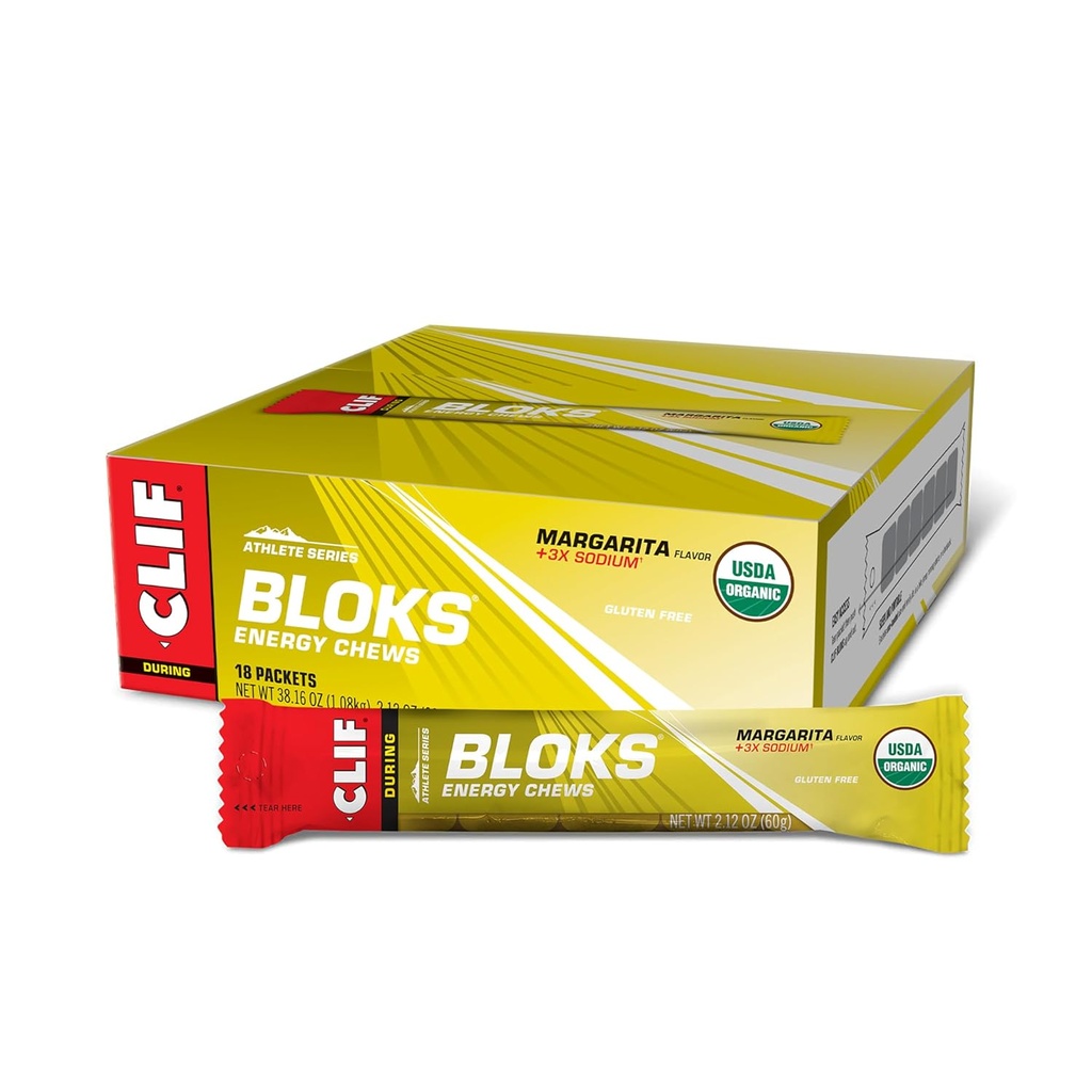 CLIF BLOKS - Margarita Flavor with 3X Sodium - Energy Chews - Non-GMO - Plant Based - Fast Fuel for Cycling and Running - Quick Carbohydrates and Electrolytes - 2.12 oz. (18 Conde)