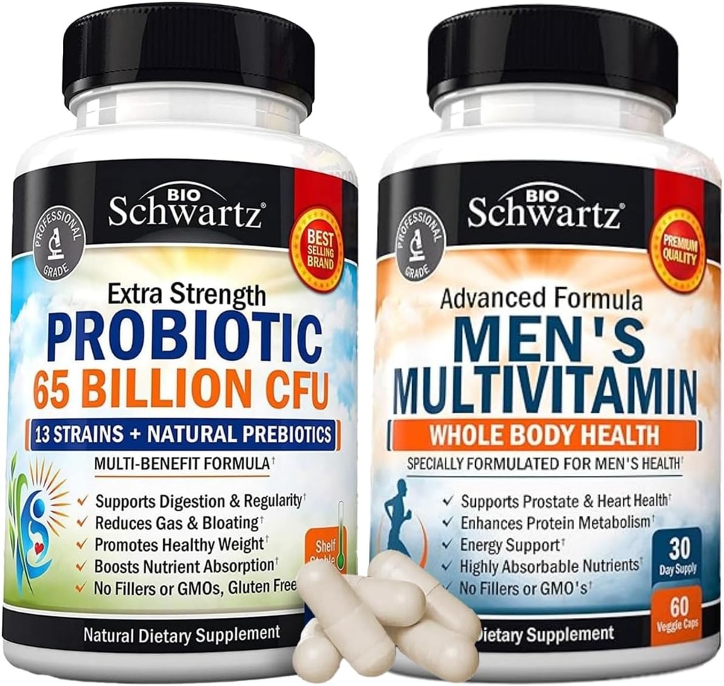 Advanced Daily Men's Multivitamin with Vitamin C A B D3 E and Zinc (1 Month Supply) Plus 65 Billion CFU Daily Probiotic Supplement (1 Month Supply)