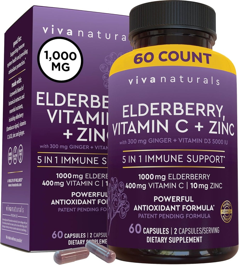 Viva Naturals Black Elderberry con Vitamina C y Zinc para Adultos (60 Cuenta) - Sambucus Elderberry Immune Support Suplemento, Black Elderberry Capsules para Adultos, Elderberry Suplementos para Mujeres