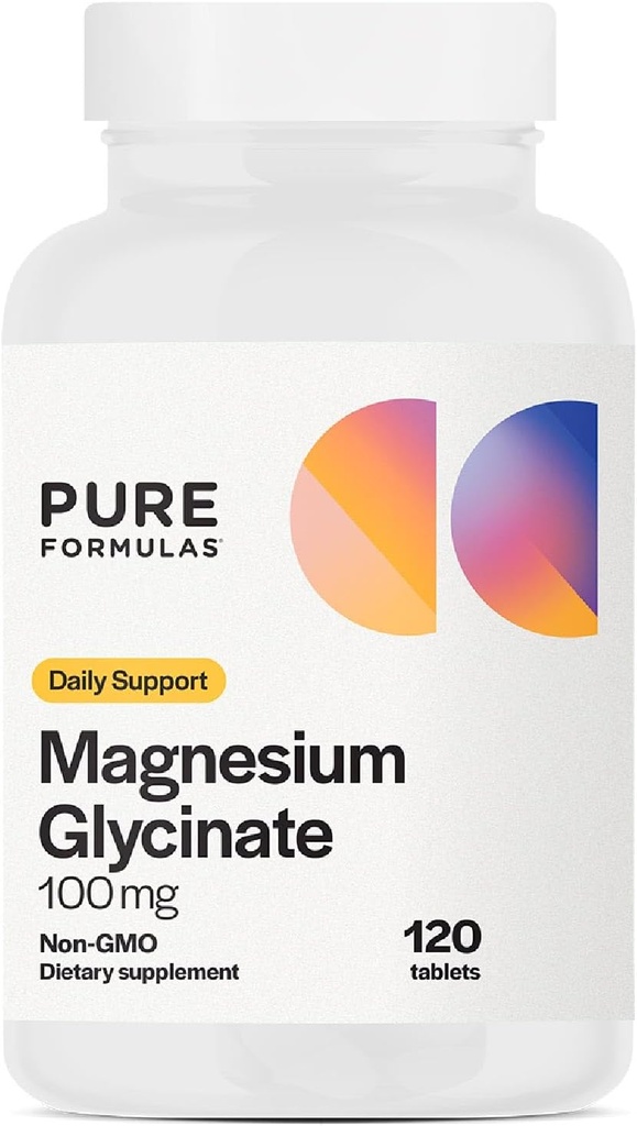 PureFormulas Magnesium Glycinate 100 mg Apoyo diario para el estrés, los nervios, el sueño, los músculos, el metabolismo Puro Magnesio Glycinate Suplemento para Mujeres y Hombres Magnesio No GMO 120 Tabletas
