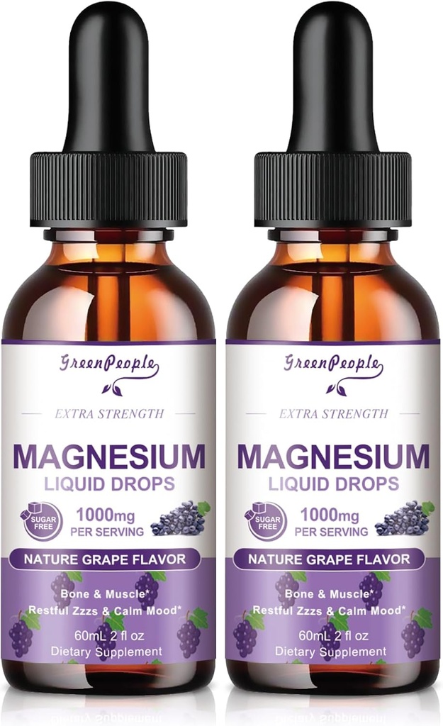 GREENPEOPLE Magnesium Glycinate Liquid Drops - 1000mg 5-in-1 High Absorption Liquid Magnesium for Sleep with D3/K2/B6 ← Fast-Acting, Bone, Muscle &amp; Sleep ← Sugar-Free Grape Flavor, 2fl Oz 2 Pack