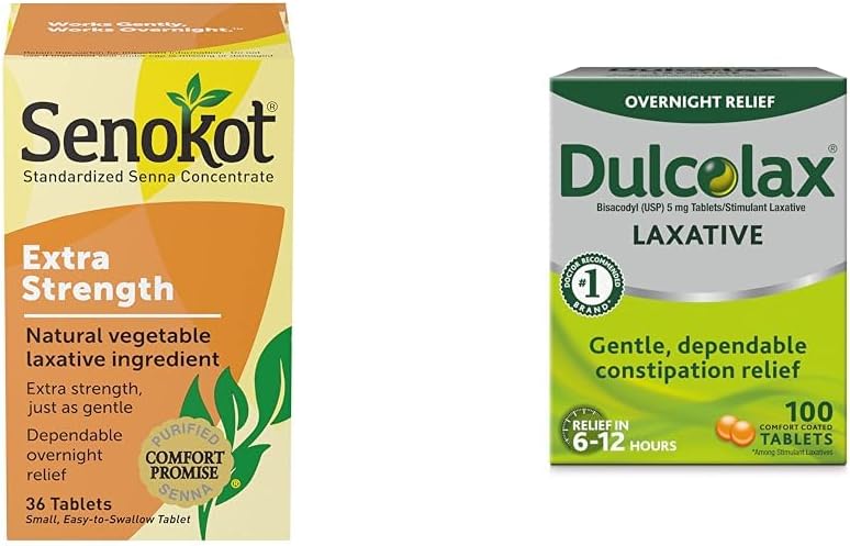 Senokot Extra Strength Natural Vegetable Laxative for Gentle Overnight Relief Occasional Constipation, 36 Count & Dulcolax Stimulant Laxative Tablets (100 Count) Gentle Overnight Constipation Relief