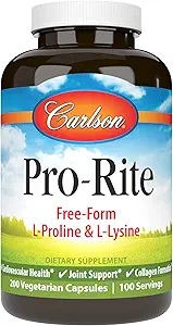 Carlson - Pro-Rite, Free-Form L-Proline " L-Lysine, Health, Joint Support " Collagen Formation, 200 cápsulas