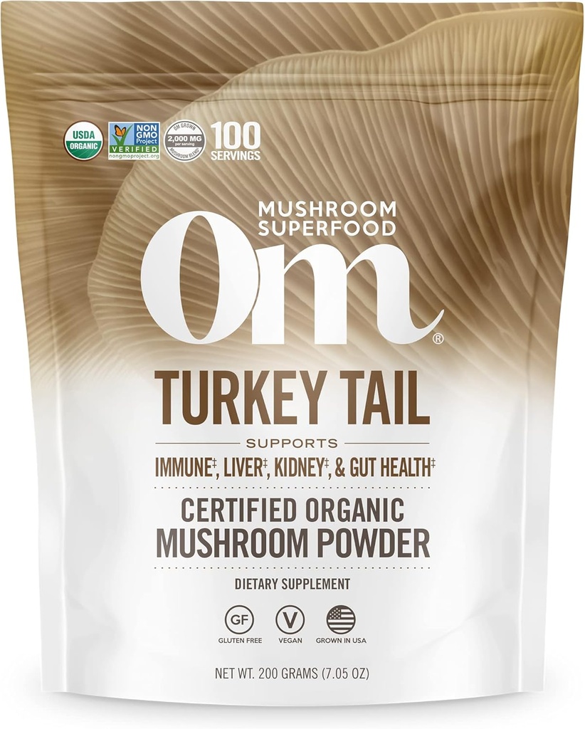 Om Mushroom Superfood Turquía Tail Organic Mushroom Powder Pouch, 7.05 Ounce, 100 Servings, Immune Support, Polysacchrides, Beta-Glucans, Gut Health & Holistic Defense Mushroom Supplement