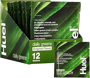 Huel Daily Greens Single Serve ← Superfood Greens Powder TEN 91 Vitaminas, Minerales y Ingredientes de todo tipo de alimentos ¦ Adaptogens, Antioxidantes, Gut-Friendly Probiotics TEN 12 Pack
