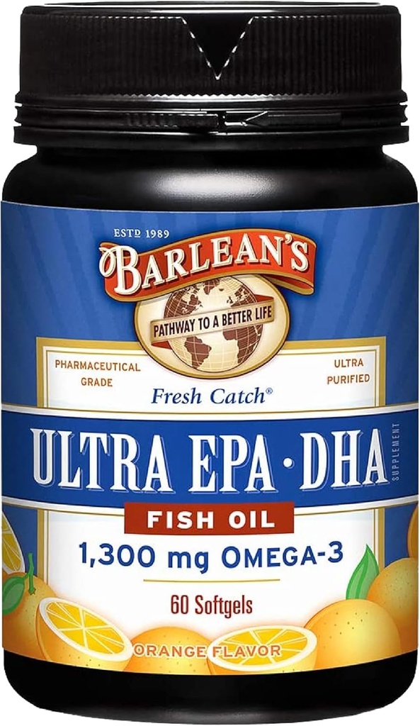 Suplementos de aceite de pescado Omega 3 de Barlean, Suplemento Softgels para hombres y mujeres, 1300 mg Ultra EPA y DHA Fatty Acids, Orange Flavored, 60 Conde