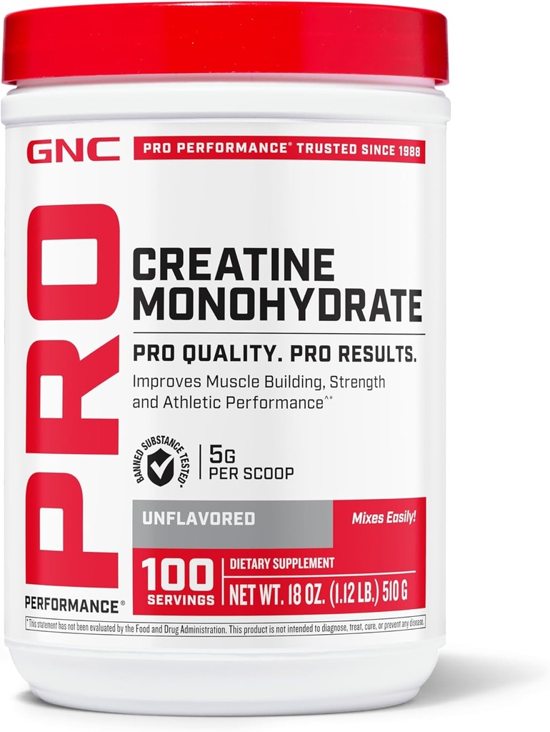 GNC Pro Performance Creatine Monohydrate Powder for Women &amp; Men, 5g Creatine Por Serving, Muscle Building, Energy Production, Endurance, Performance, 100 Servings
