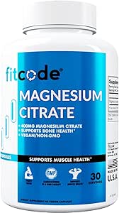Fitcode Magnesium Citrate Capsules 400mg - Muscle and Bone Health Magnesium Suplemento con Puro Citrate de Magnesio para Relajación muscular &amp; Bone Strength - 60 Veggie Magnesium Capsules for Heart Health