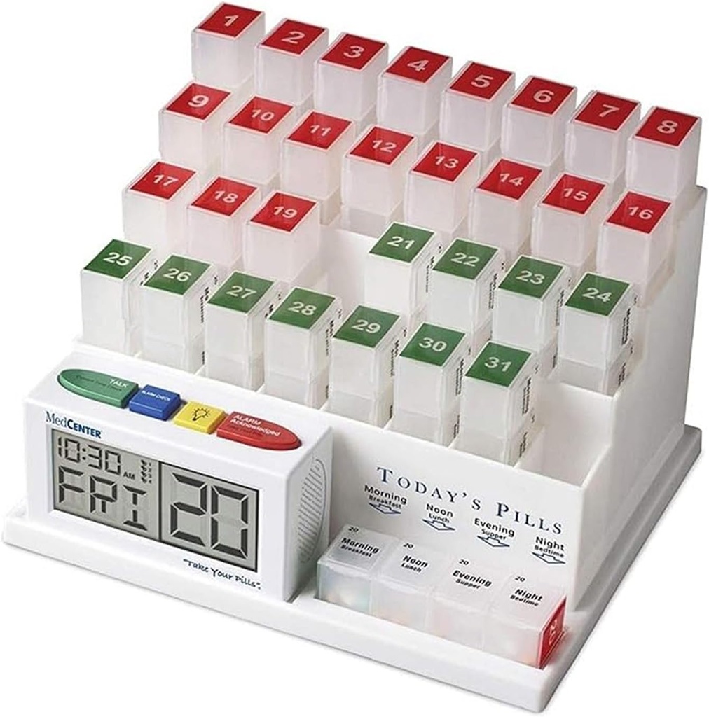 Medcenter Monthly Pill Organizer System 4 Times a Day, 31 Day Pill Organizer Box with Talking Alarm Reminding System, Monthly Pill Box for Daily Medication, Gift for Mom, Dad, Elderly