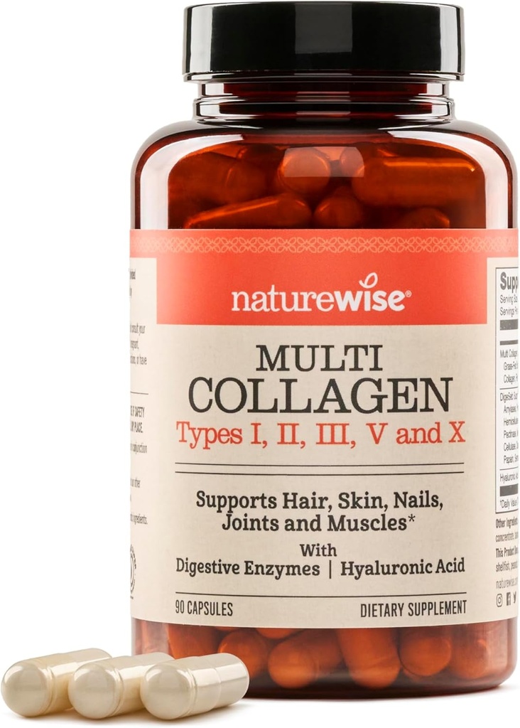 NatureWise Multi Collagen Peptides Pills for Women &amp; Men - Tipo I, II, III, V, X w/Hyaluronic Acid - Supports Skin, Hair, Joint Health* - Grass Fed, Gluten Free, Non-GMO - 90 Capsules[30 Day Supply]