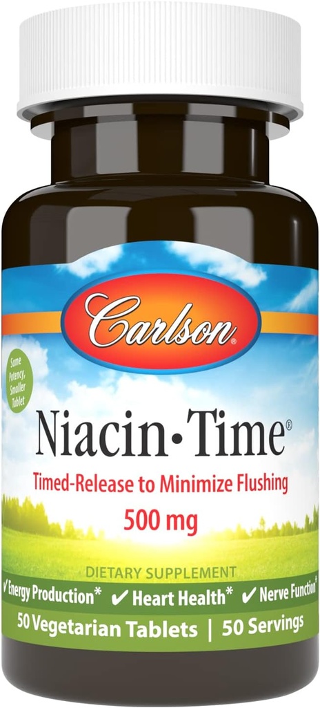 Carlson - Niacin-Time, Time-Release, 500 mg, Vitamina B-3, metabolismo colesterol, producción energética, salud cardíaca, 50 tabletas