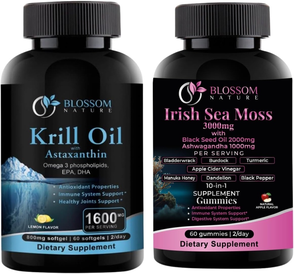 Aceite de Krill Antártico 1600mg con Astaxanthin 2mg y Moss del Mar Irlandés 3000mg con aceite de semilla negra y Ashwagandha 2000mg
