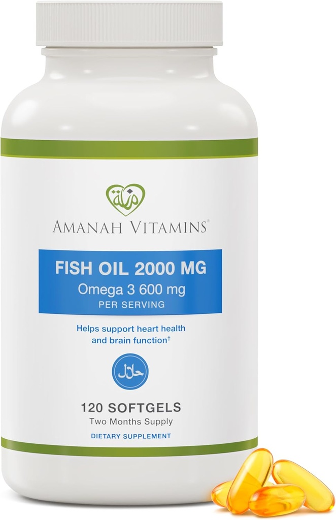 Halal Omega-3 Fish Oil 2000mg, 120 Softgels, Halal Certified (ISNA Aprobado), Non-GMO, Gluten-Free, High EPA & DHA Omega 3 Suplemento